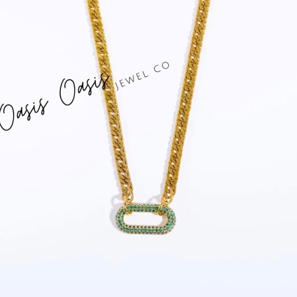 Unisex Gold (White & Green Crystal Stone) Link Chain Necklace - Picture 4 of 6